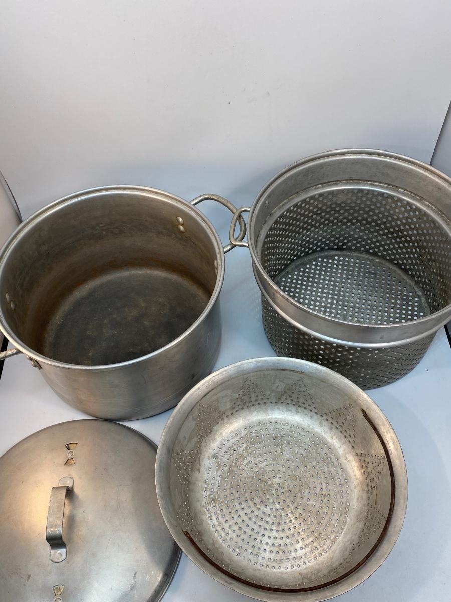 Large Vintage Aluminum Stock Pot with Strainer Insert & Steamer Basket