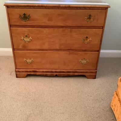 Lot. E - 1057 Vintage Three Drawer Maple Dresser with Glass Top