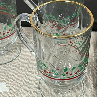 Set of 5 Christmas Holly Berries Irish Coffee Glass Mugs Gold Rim