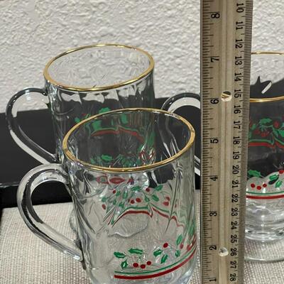 Set of 5 Christmas Holly Berries Irish Coffee Glass Mugs Gold Rim