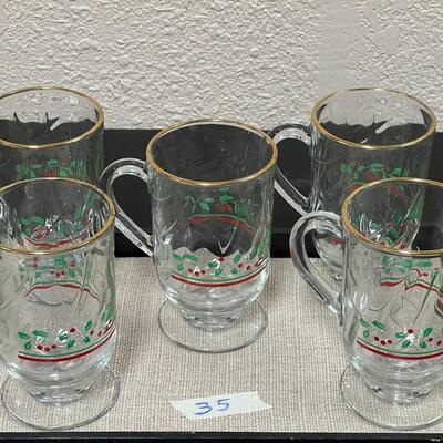 Set of 5 Christmas Holly Berries Irish Coffee Glass Mugs Gold Rim