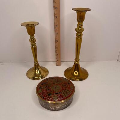 Vintage Brass Candlesticks and CloisonnÃ© Trinket Box