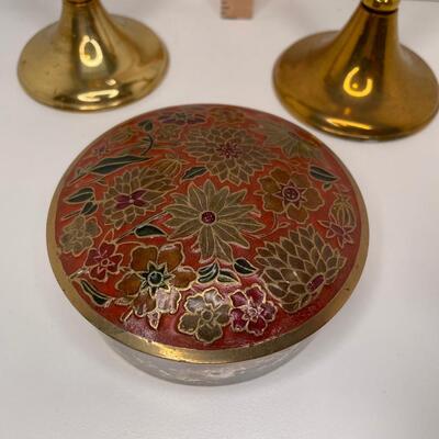 Vintage Brass Candlesticks and CloisonnÃ© Trinket Box