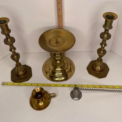 4 Brass Candlestick Holders and Snuffer