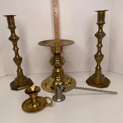 4 Brass Candlestick Holders and Snuffer