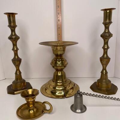 4 Brass Candlestick Holders and Snuffer