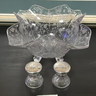 Cambridge Glass Rose Point Footed Square Centerpiece Bowl and Salt and Pepper