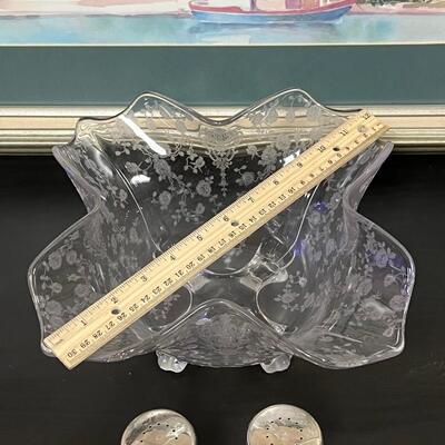 Cambridge Glass Rose Point Footed Square Centerpiece Bowl and Salt and Pepper