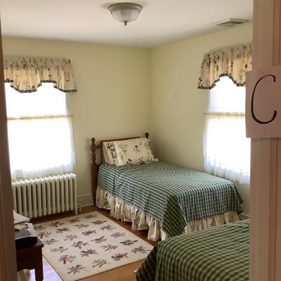 Lot C - 1128. Pair of Vintage Ethan Allen Maple Twin Beds with Custom Handmade Bedspread, Bedskirt, Pillow Shams, & Window Dressings