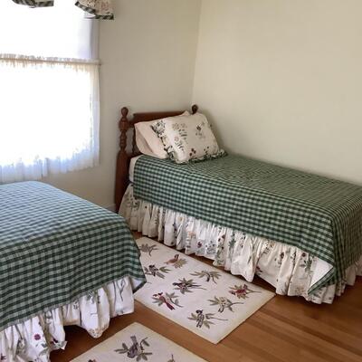 Lot C - 1128. Pair of Vintage Ethan Allen Maple Twin Beds with Custom Handmade Bedspread, Bedskirt, Pillow Shams, & Window Dressings