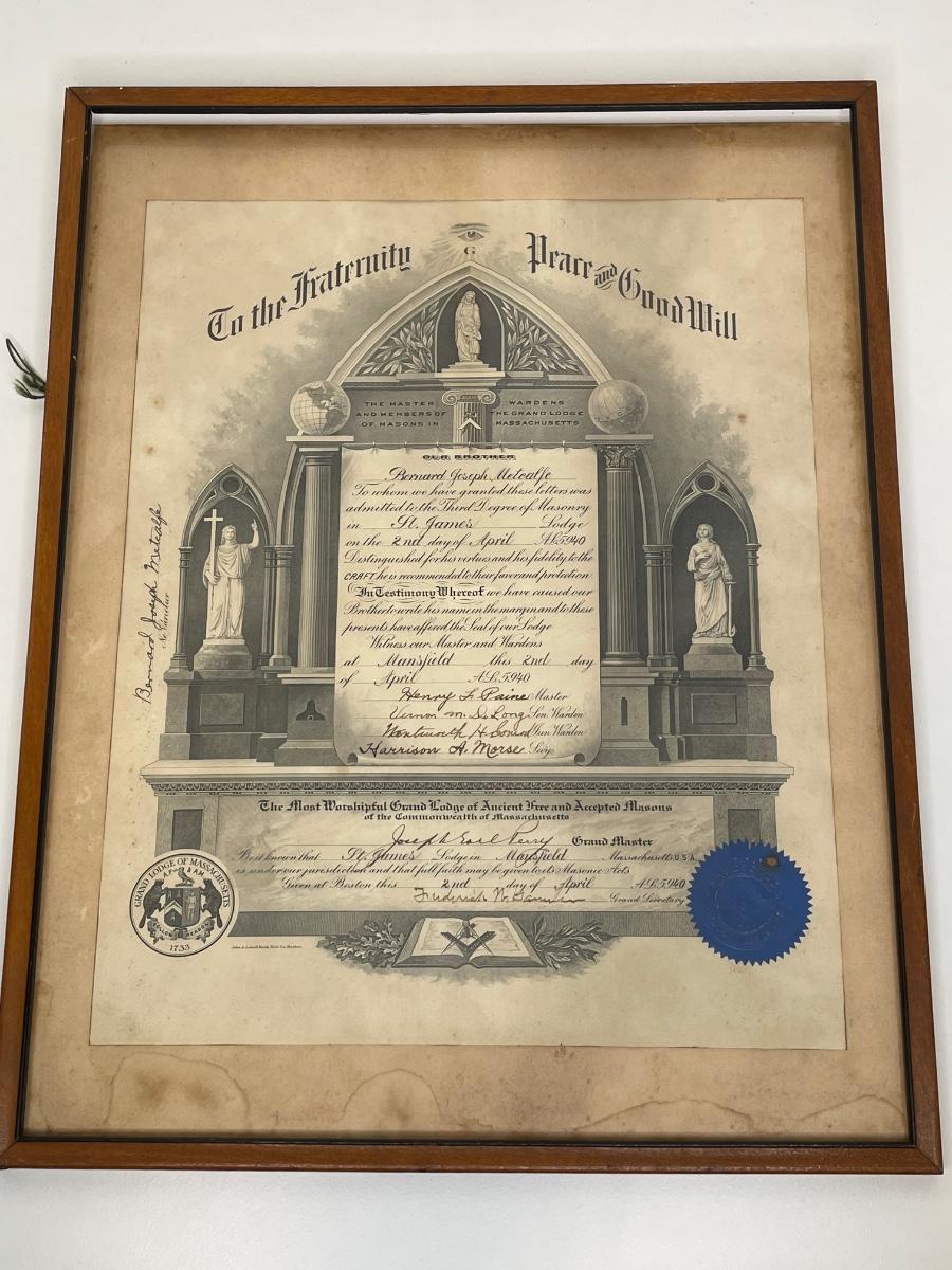 Vintage Mason Certificate 3rd Degree April 2, 1940