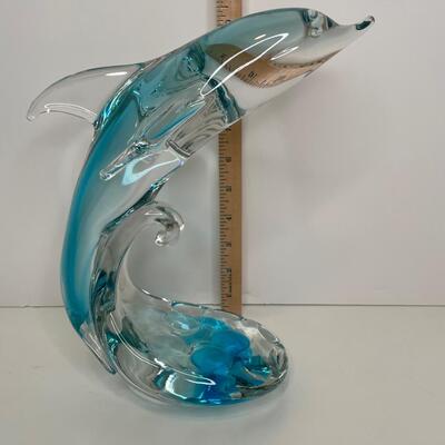 Hand Blown Dolphin in wave 10.5 in tall