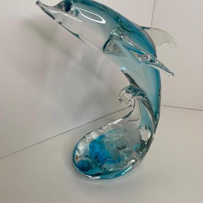 Hand Blown Dolphin in wave 10.5 in tall
