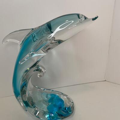 Hand Blown Dolphin in wave 10.5 in tall