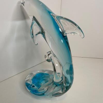 Hand Blown Dolphin in wave 10.5 in tall