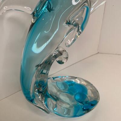 Hand Blown Dolphin in wave 10.5 in tall