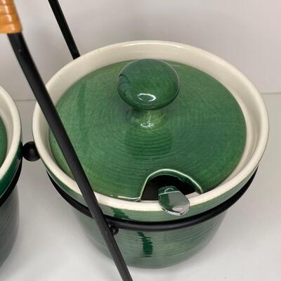 Green/Beige Stoneware MCM Condiment Set in black metal/wicker  stand
