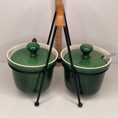 Green/Beige Stoneware MCM Condiment Set in black metal/wicker  stand