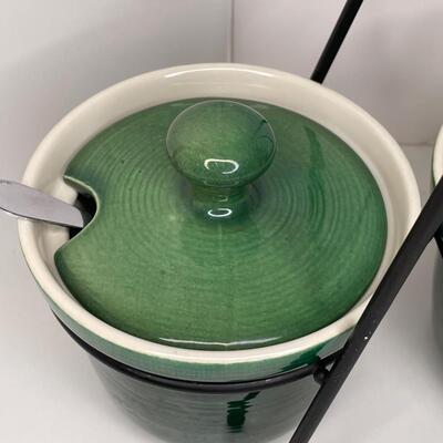 Green/Beige Stoneware MCM Condiment Set in black metal/wicker  stand