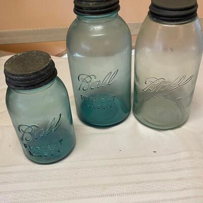 Three Vintage Blue Ball Mason Jars and One Vintage Atlas Blue Mason Jars