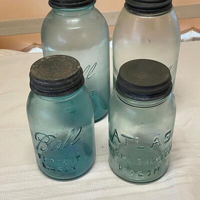 Three Vintage Blue Ball Mason Jars and One Vintage Atlas Blue Mason Jars