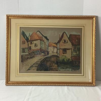 A1016 Vintage Village Scene Signed Etching