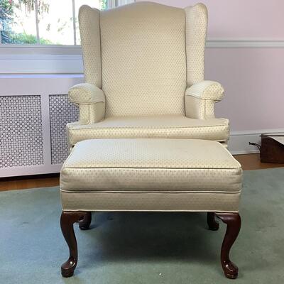 L1027 Vintage Upholstered Ethan Allen Wingback Chair and Ottoman