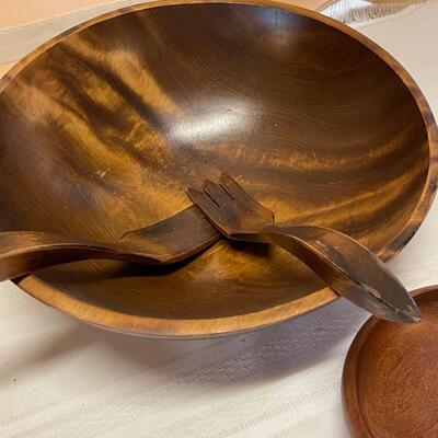 Vintage Walnut Turned Bowl with Utensils and 3 Bowls