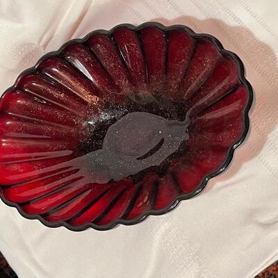 Vintage Anchor Hocking Ruby Red Oval Scalloped Bowl with Star Base
