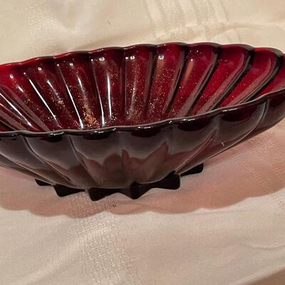 Vintage Anchor Hocking Ruby Red Oval Scalloped Bowl with Star Base