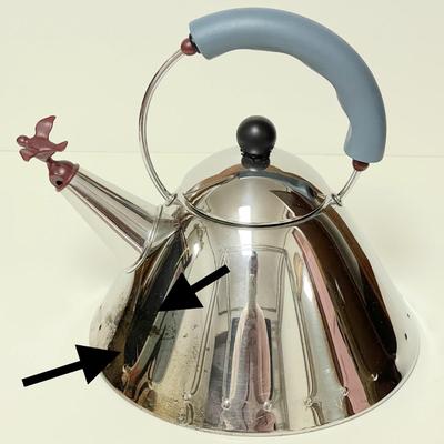 LOT 82   POST MODERN MICHAEL GRAVES TEA KETTLE FOR ALESSI BIRD WHISTLE NEVER USED IN BOX
