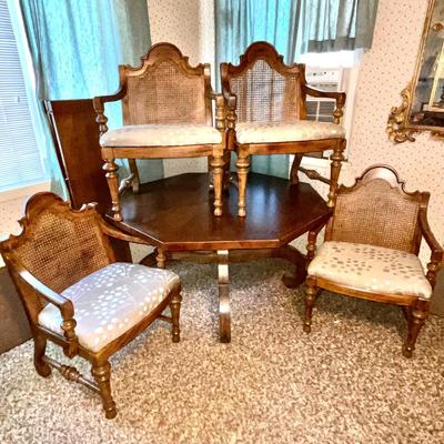 LOT 85  VINTAGE DREXEL "ESPERANTO" GAME TABLE PAIRED W/DREXEL "VELERO" ARMCHAIRS