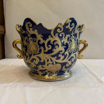 Vintage ornate floral china navy blue & gold handled vase