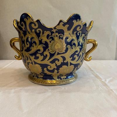 Vintage ornate floral china navy blue & gold handled vase