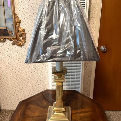 LOT 93   BRASS CANDLE STICK TABLE LAMP BLACK SHADE