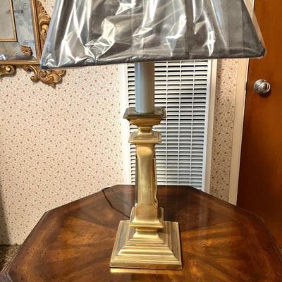 LOT 93   BRASS CANDLE STICK TABLE LAMP BLACK SHADE