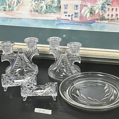 candle holders, cut glass footed elongated and plate