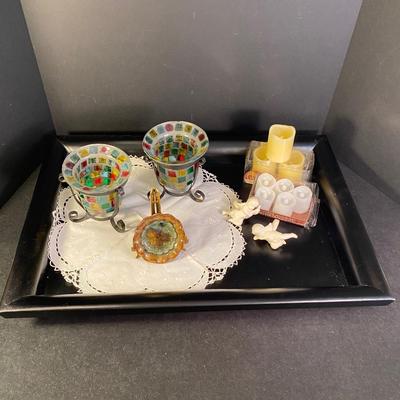 Lot 256  Black Wooden Tray & Flameless Votives and Holders