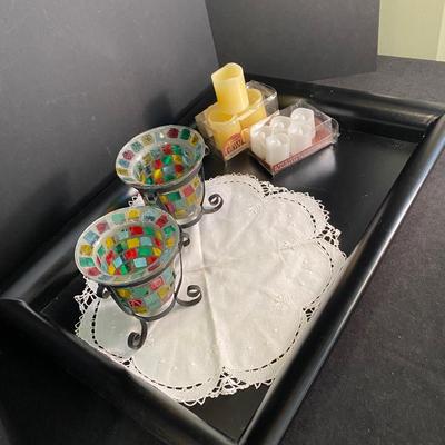 Lot 256  Black Wooden Tray & Flameless Votives and Holders