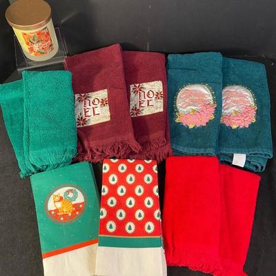 Lot 281. Christmas Tea Towels and a Candle