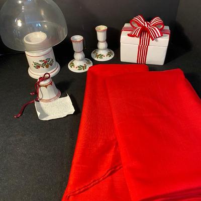 Lot 291. Ceramic Christmas Decor and Two Tablecloths
