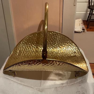 Vintage Large Hammered Brass Firewood Holder with Claw Feet and Folding Handle