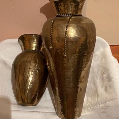 Two Vintage Hand Made Brass Urn Style Vases with Rope Style Balls