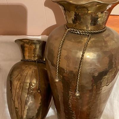 Two Vintage Hand Made Brass Urn Style Vases with Rope Style Balls