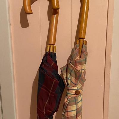 Two Vintage Plaid Wood umbrellas