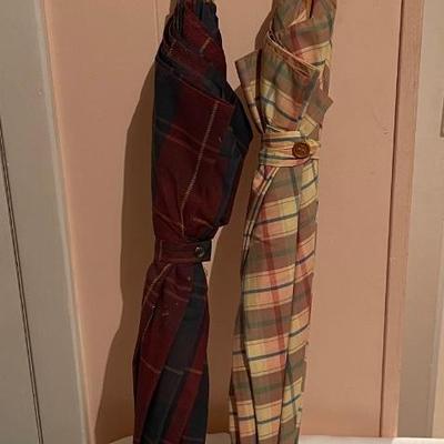 Two Vintage Plaid Wood umbrellas