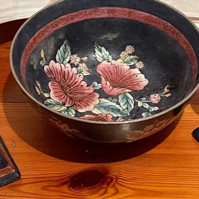 Vintage Large and Heavy Ceramic Floral Bowl and Matching Candlesticks