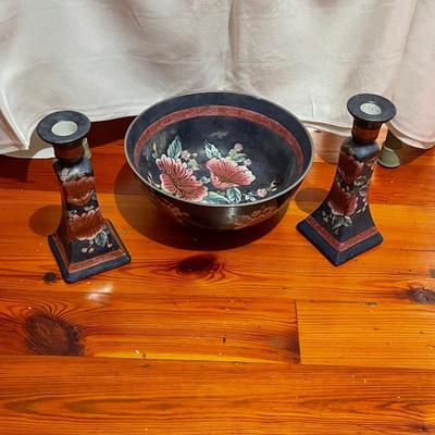 Vintage Large and Heavy Ceramic Floral Bowl and Matching Candlesticks