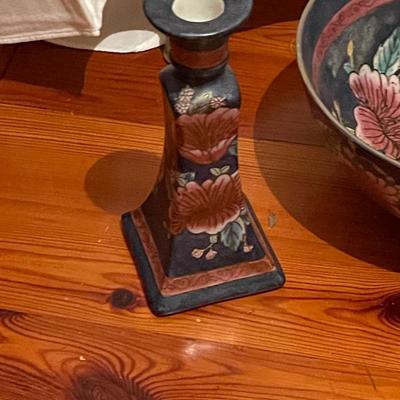 Vintage Large and Heavy Ceramic Floral Bowl and Matching Candlesticks