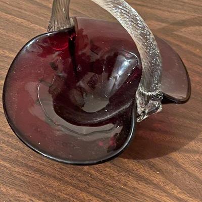 Vintage Folded Ruby Red Glass Handled Basket